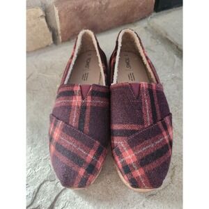 Toms Belmont Loafers Womens Size 9 Red Plaid Faux Shearling Slip On Flats